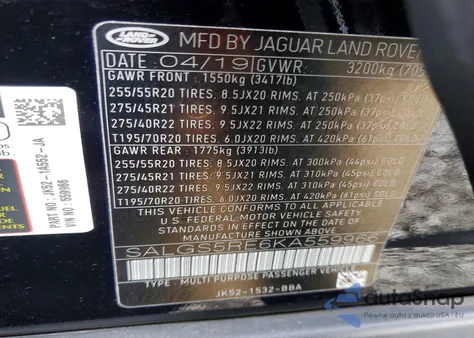 2019 Land Rover Range Rover Supercharged z USA, uszkodzony, nr VIN SALGS5RE6KA559966